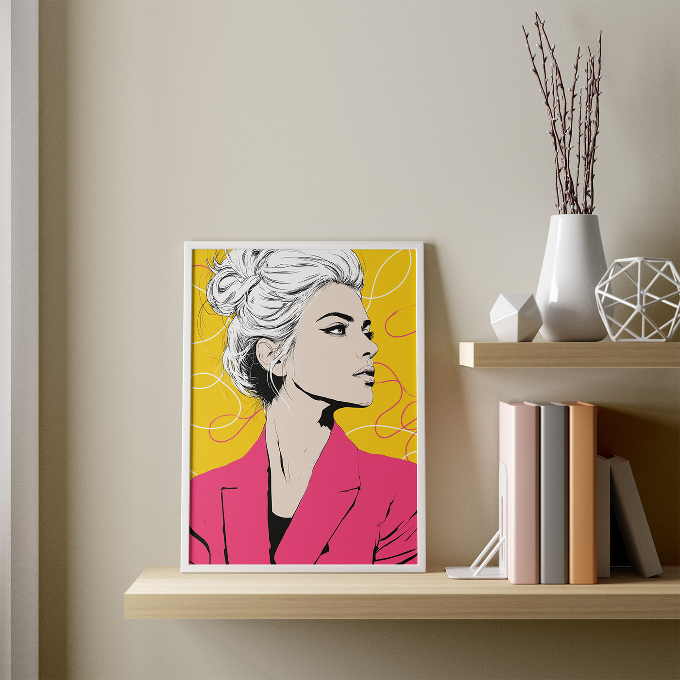 Pink Blazer framed in a room