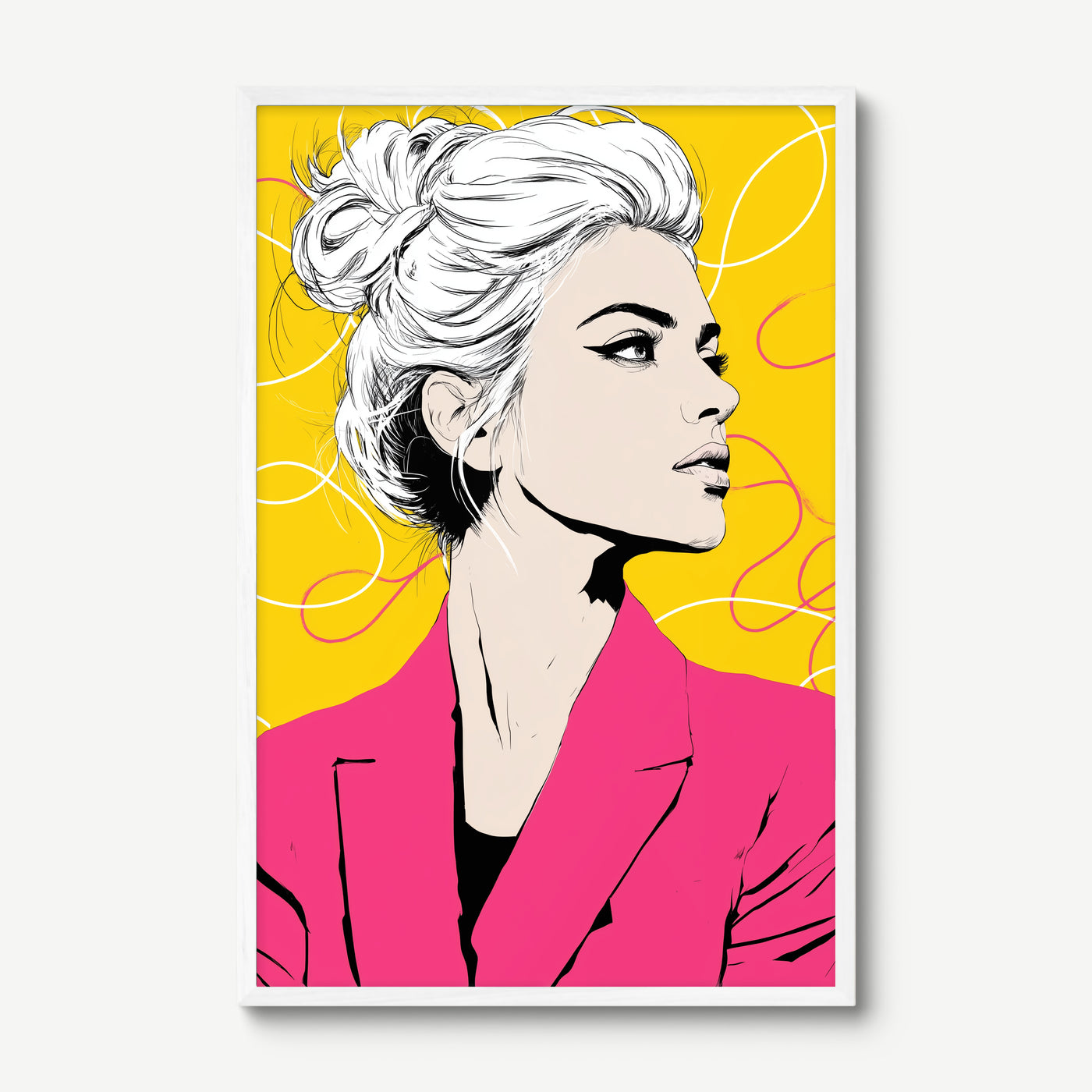 Pink Blazer art print in a white frame