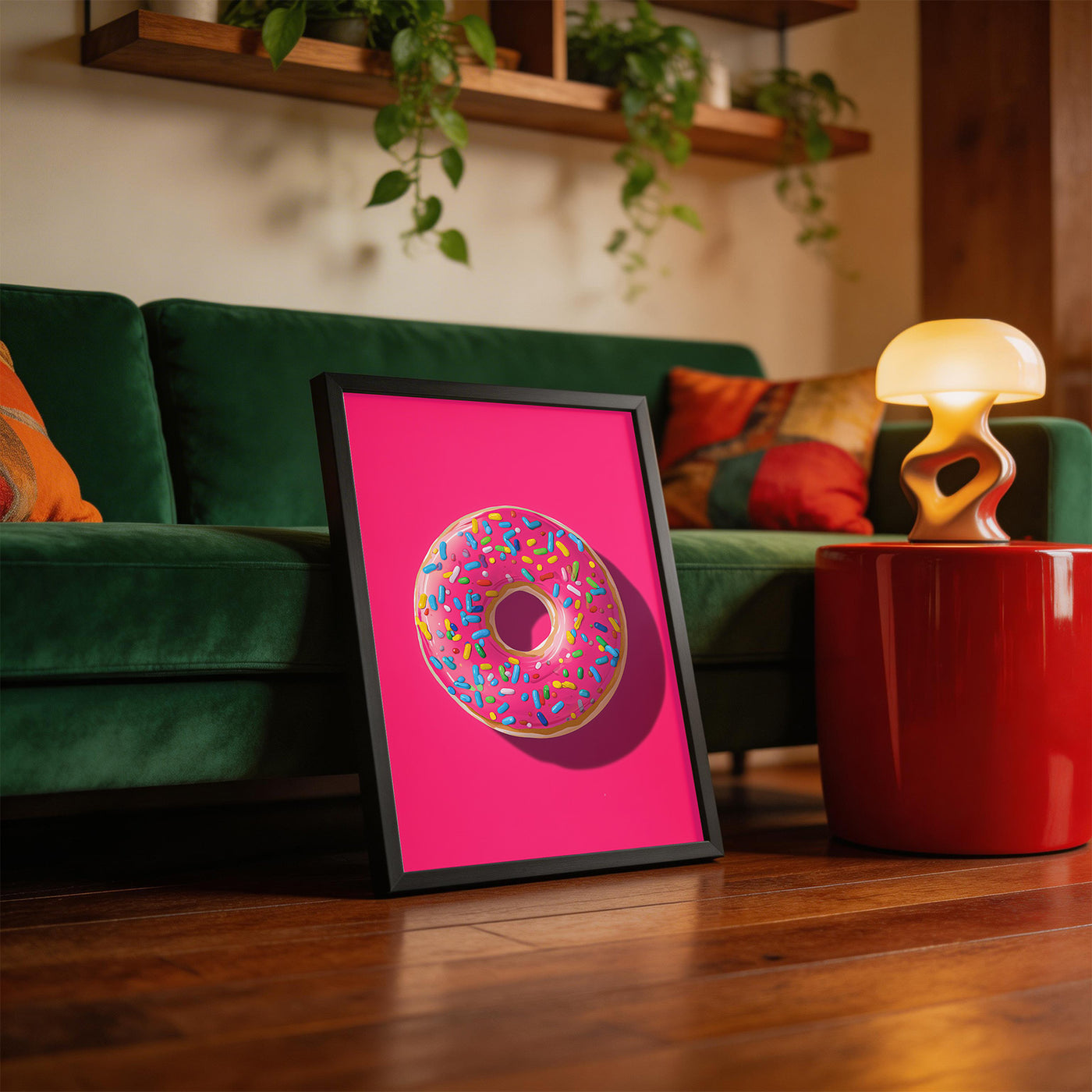 Pink Donut framed on a wall