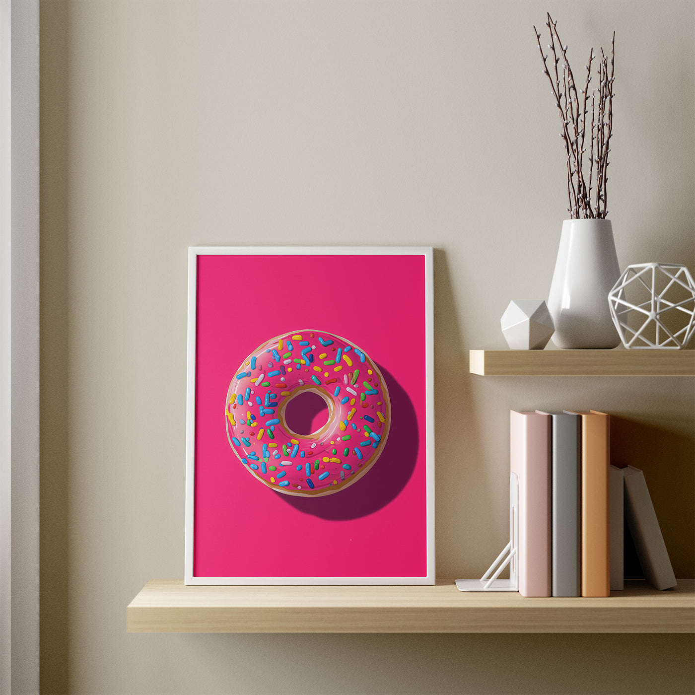 Pink Donut framed in a room