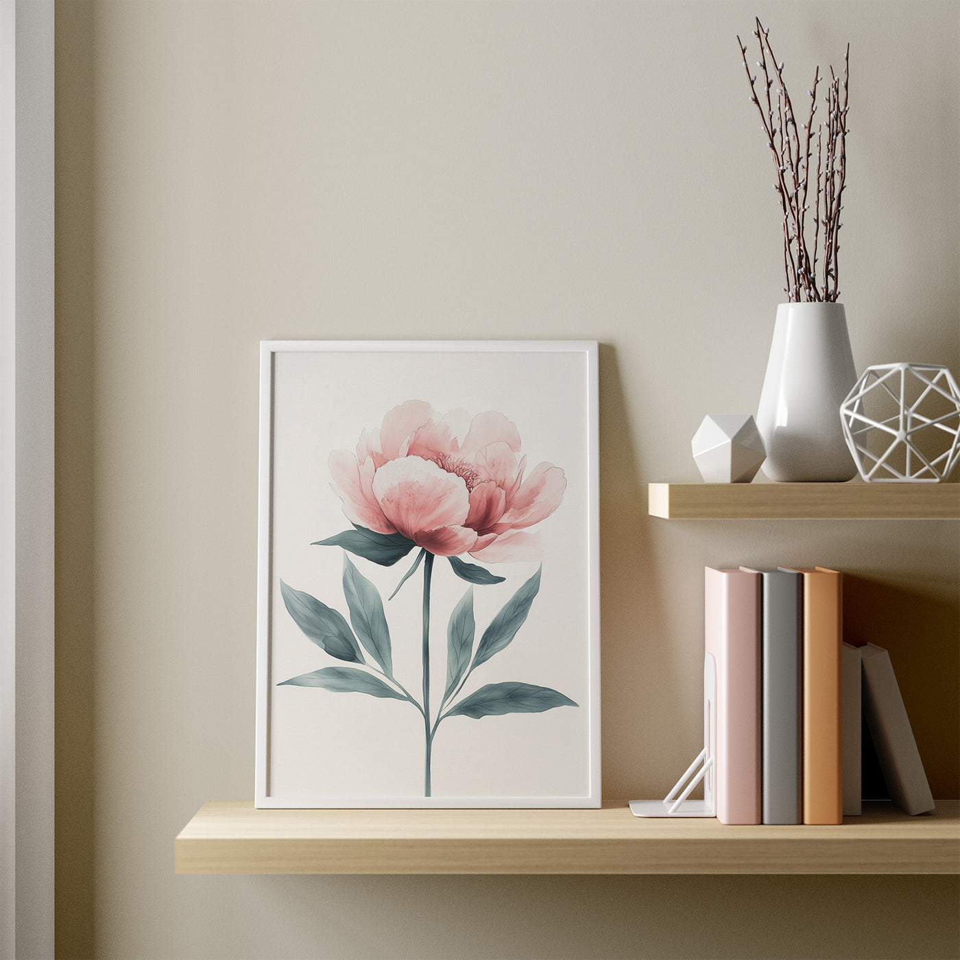 Pink Peony Bloom framed in a room