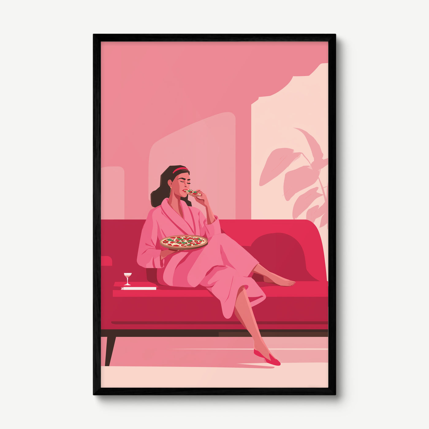 Pink Robe Pizza Night art print in a black frame