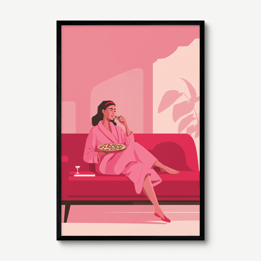 Pink Robe Pizza Night art print in a black frame