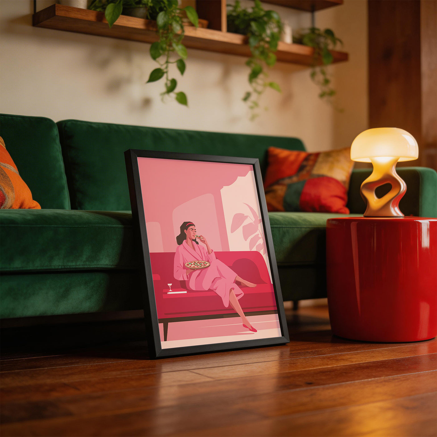 Pink Robe Pizza Night framed on a wall