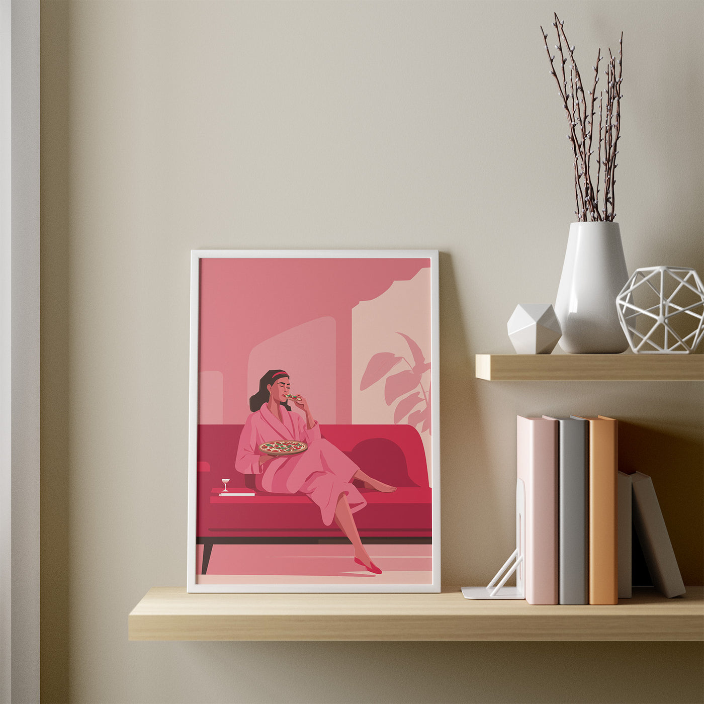 Pink Robe Pizza Night framed in a room