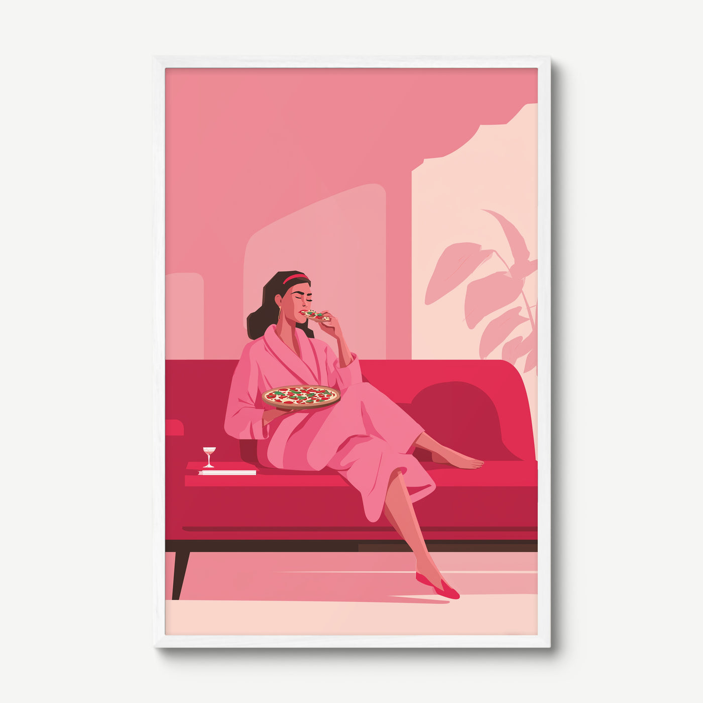 Pink Robe Pizza Night art print in a white frame