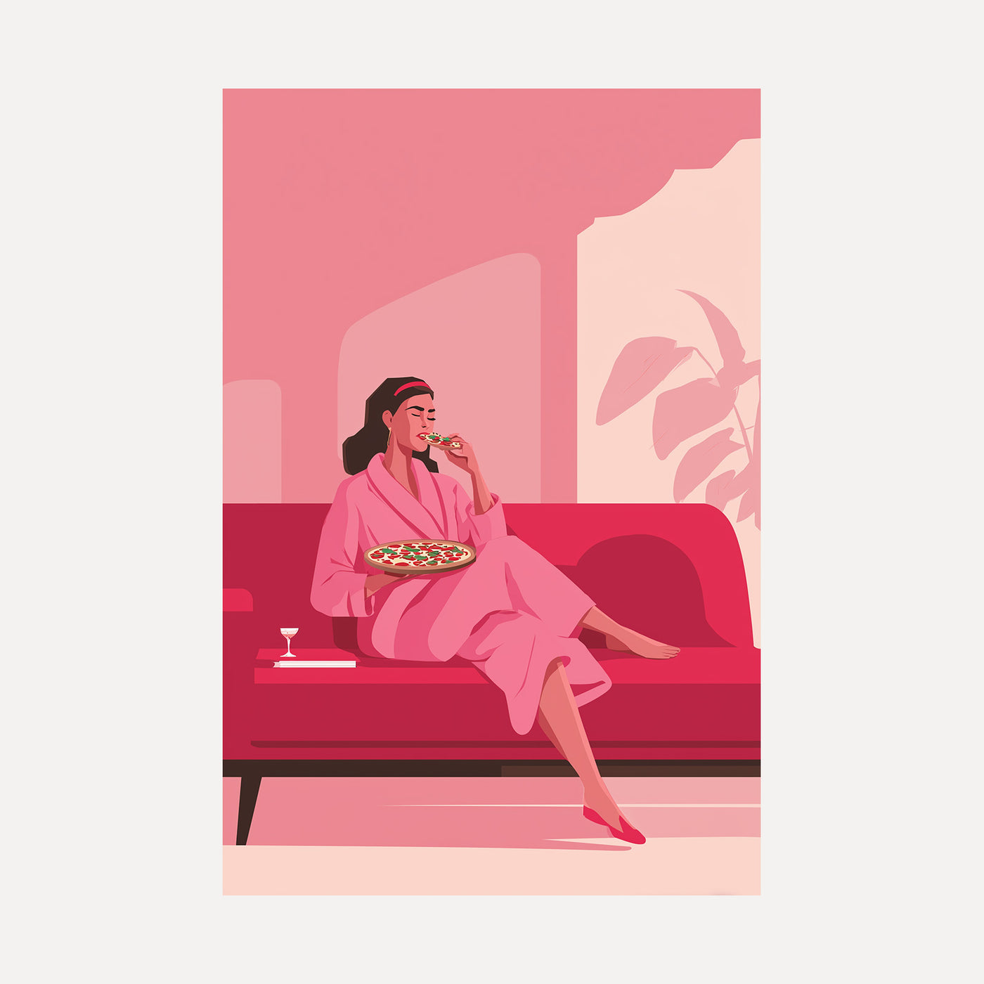 Pink Robe Pizza Night unframed art print