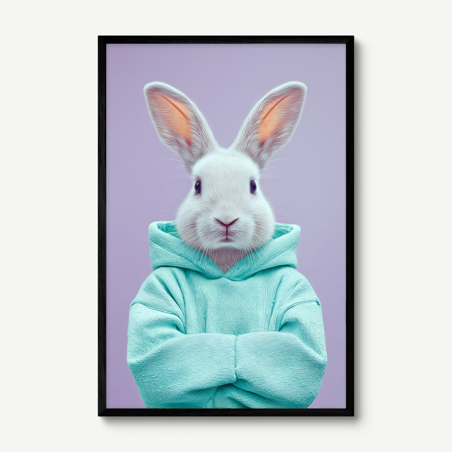 Rabbit in Teal Hoodie art print in a black frame