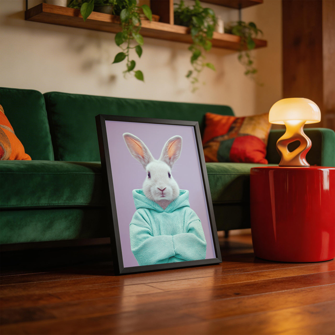 Rabbit in Teal Hoodie framed on a wall