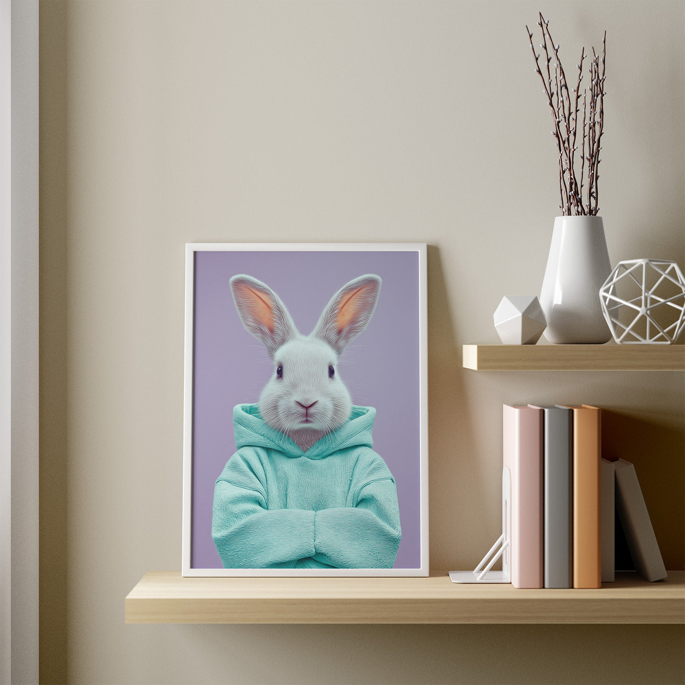 Rabbit in Teal Hoodie framed in a room