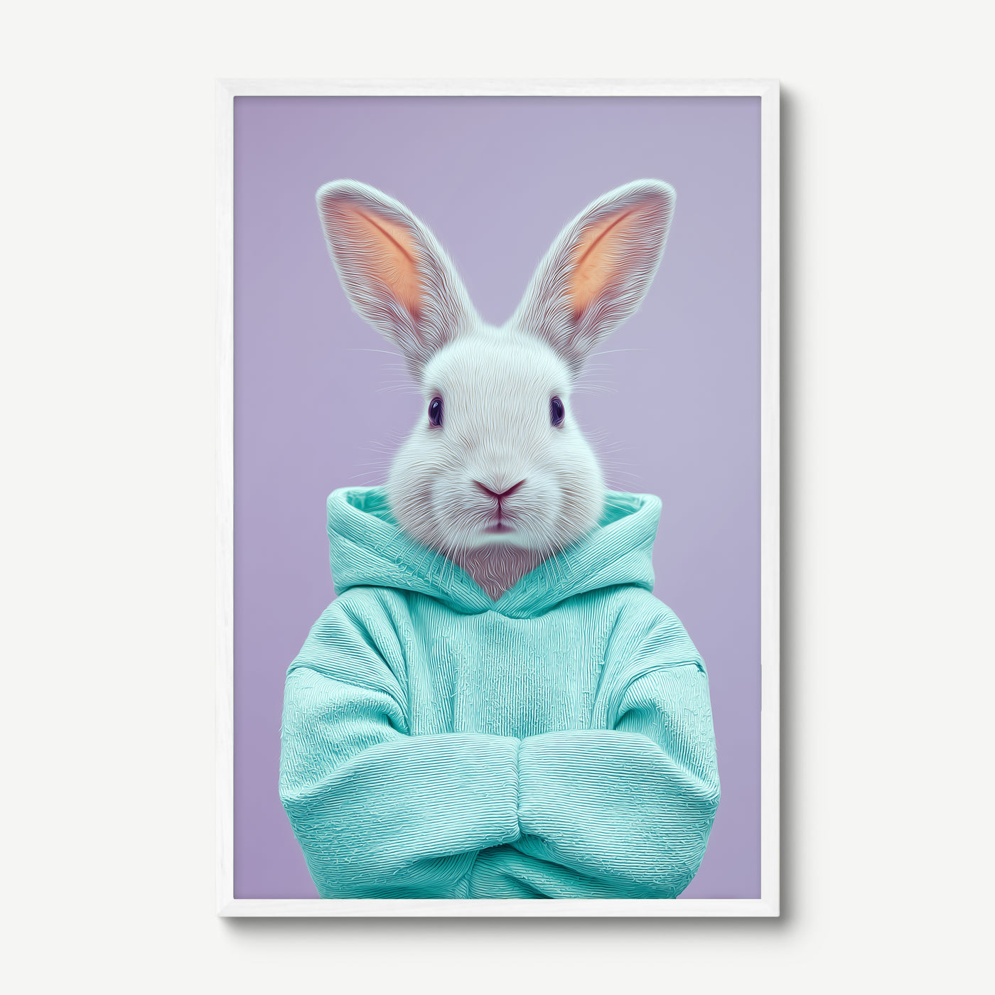 Rabbit in Teal Hoodie art print in a white frame