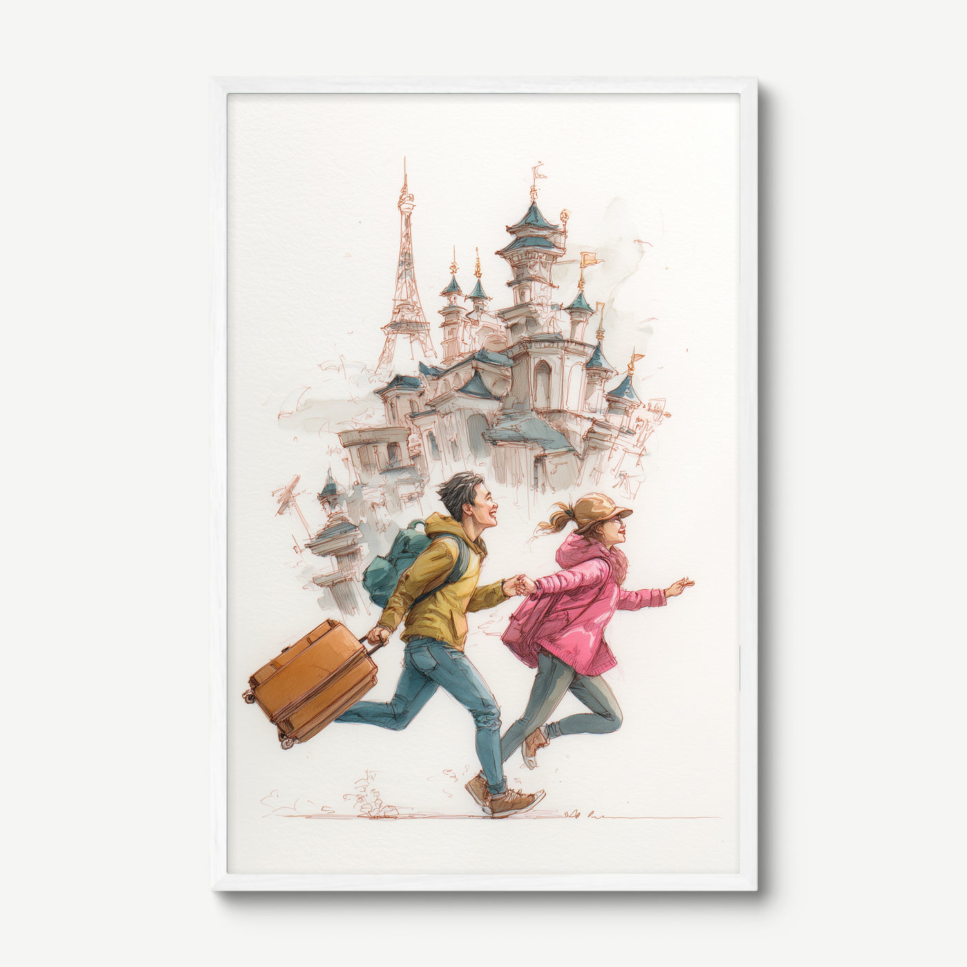 Racing to Adventure art print in a white frame