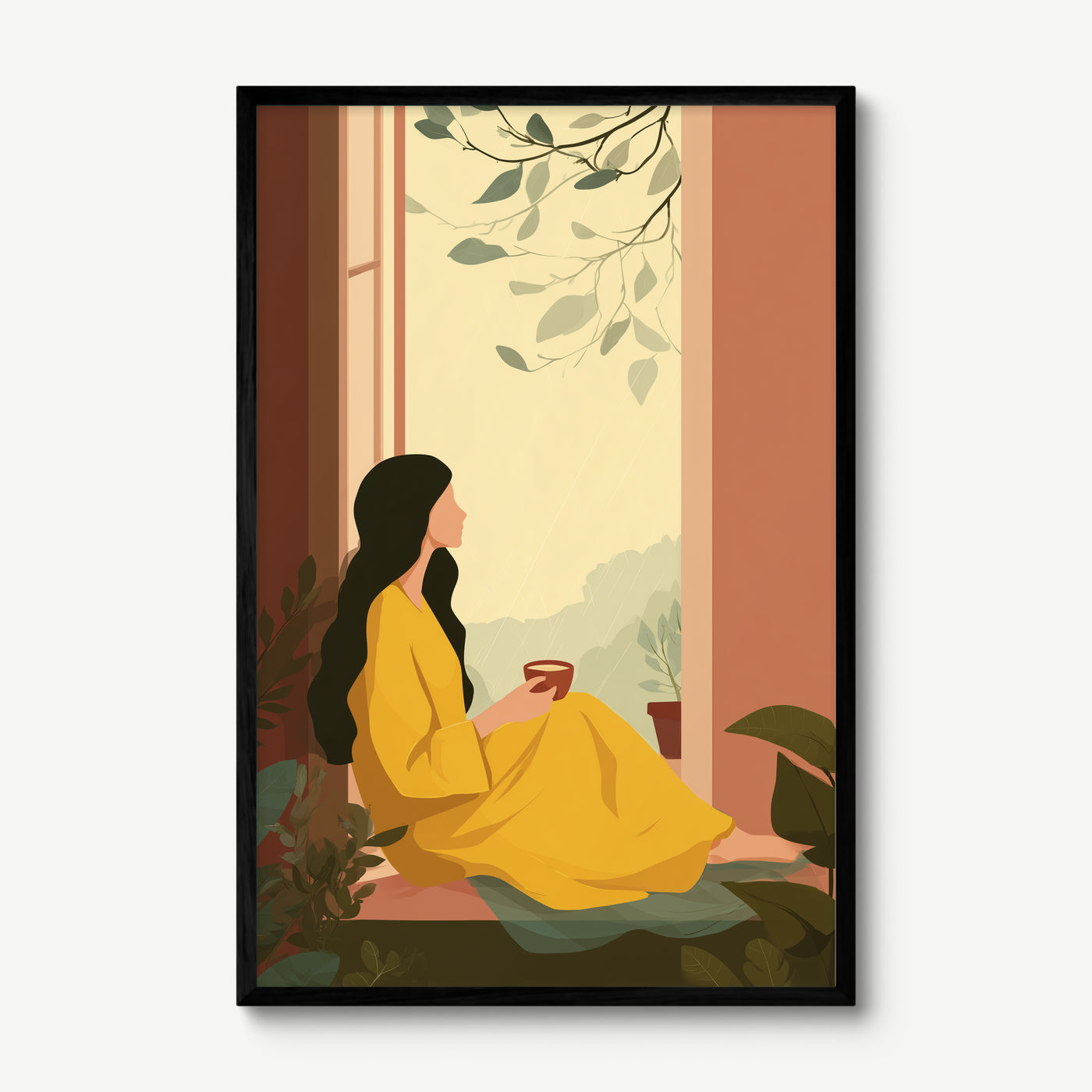 Rain and Yellow Kurta art print in a black frame