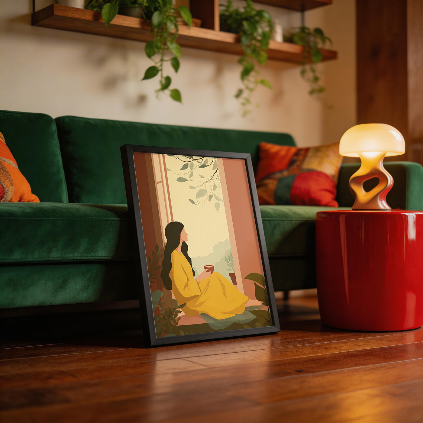 Rain and Yellow Kurta framed on a wall
