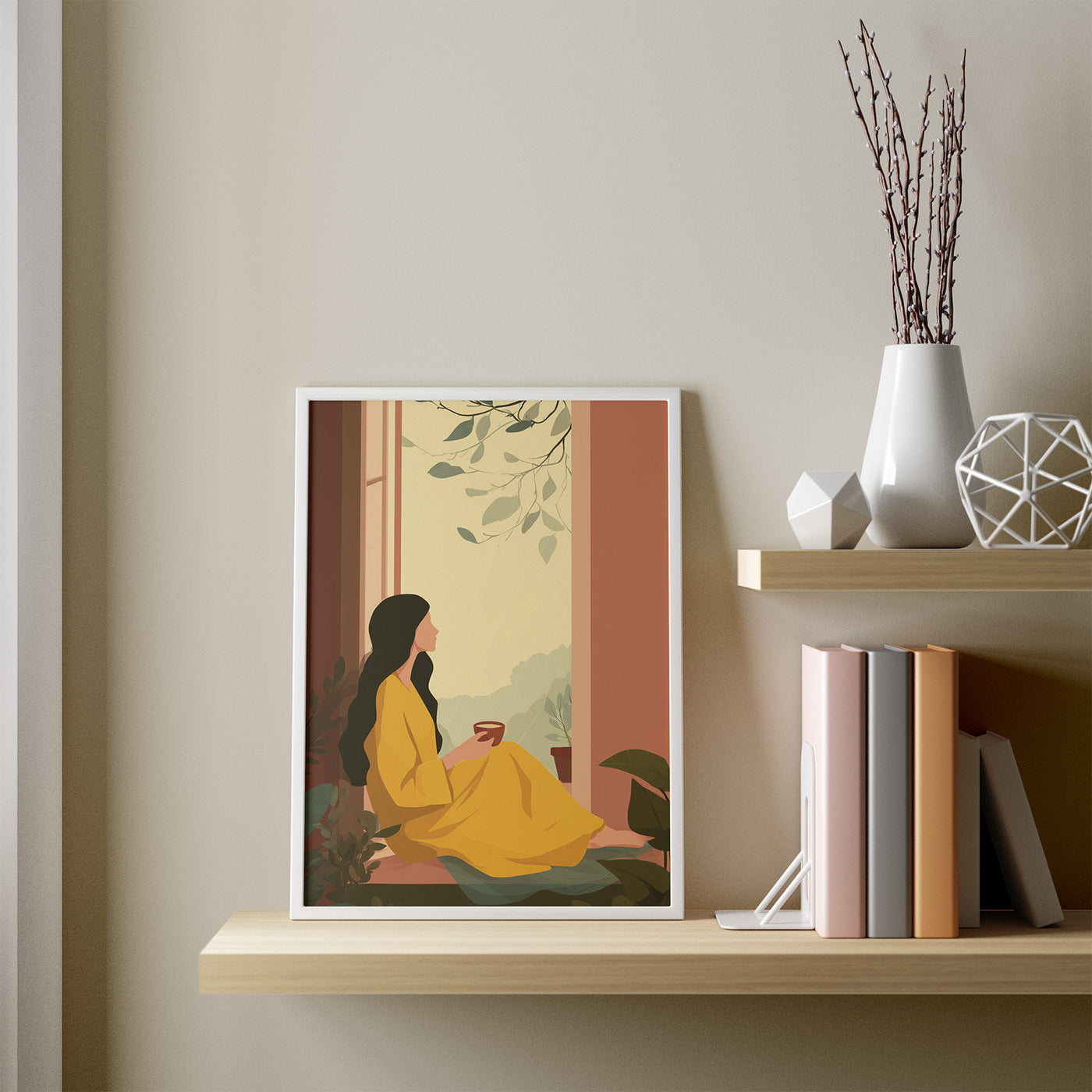Rain and Yellow Kurta framed in a room