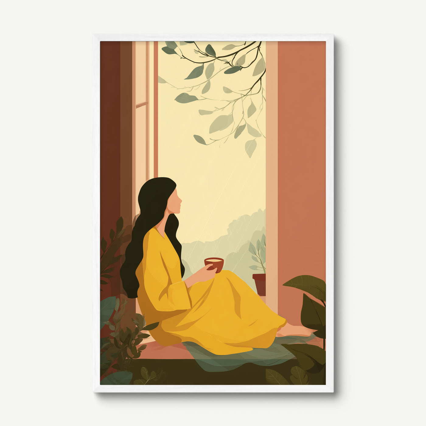 Rain and Yellow Kurta art print in a white frame