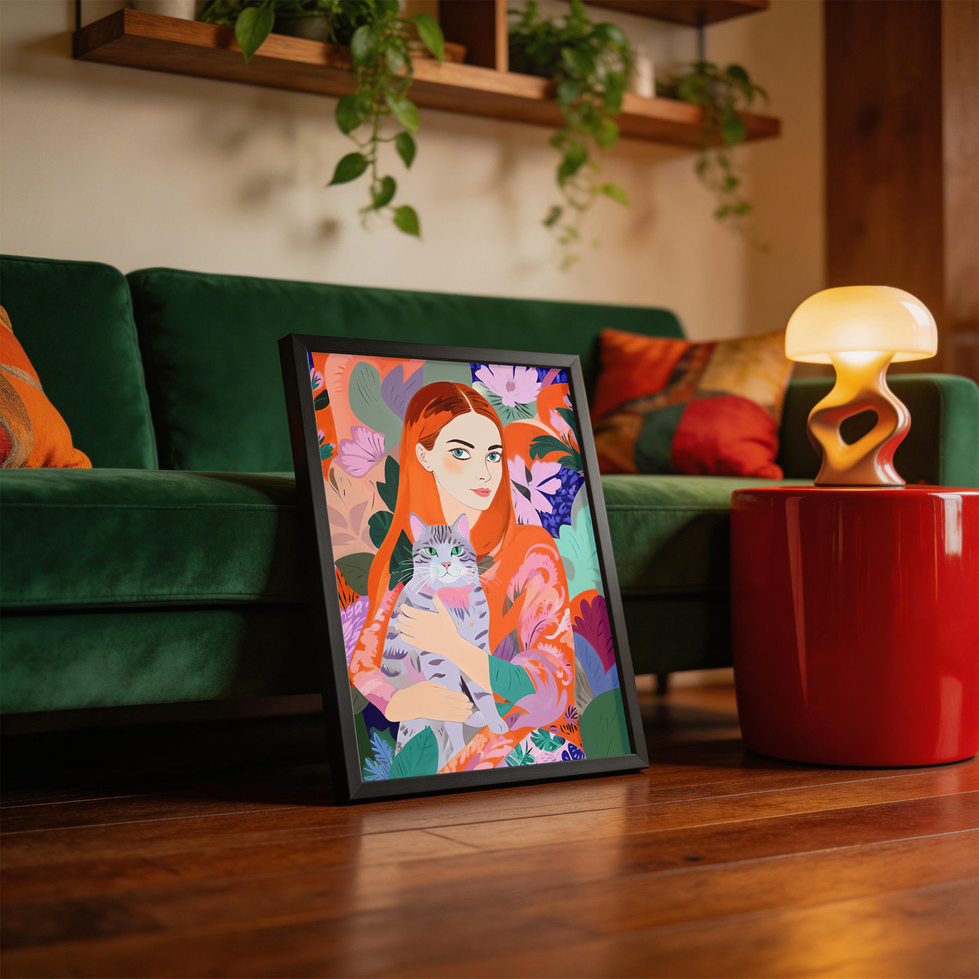 Red Hair Cat Garden framed on a wall