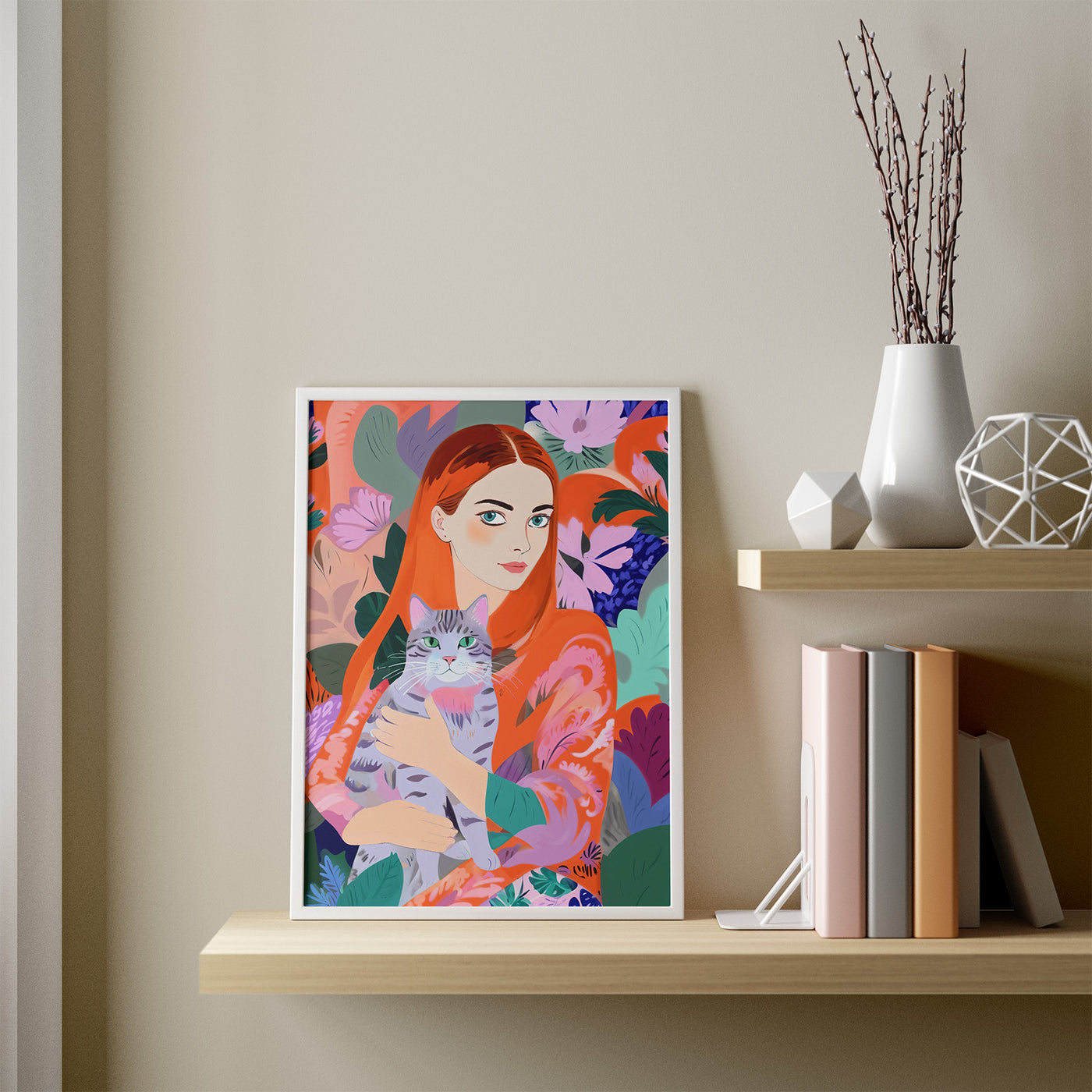 Red Hair Cat Garden framed in a room