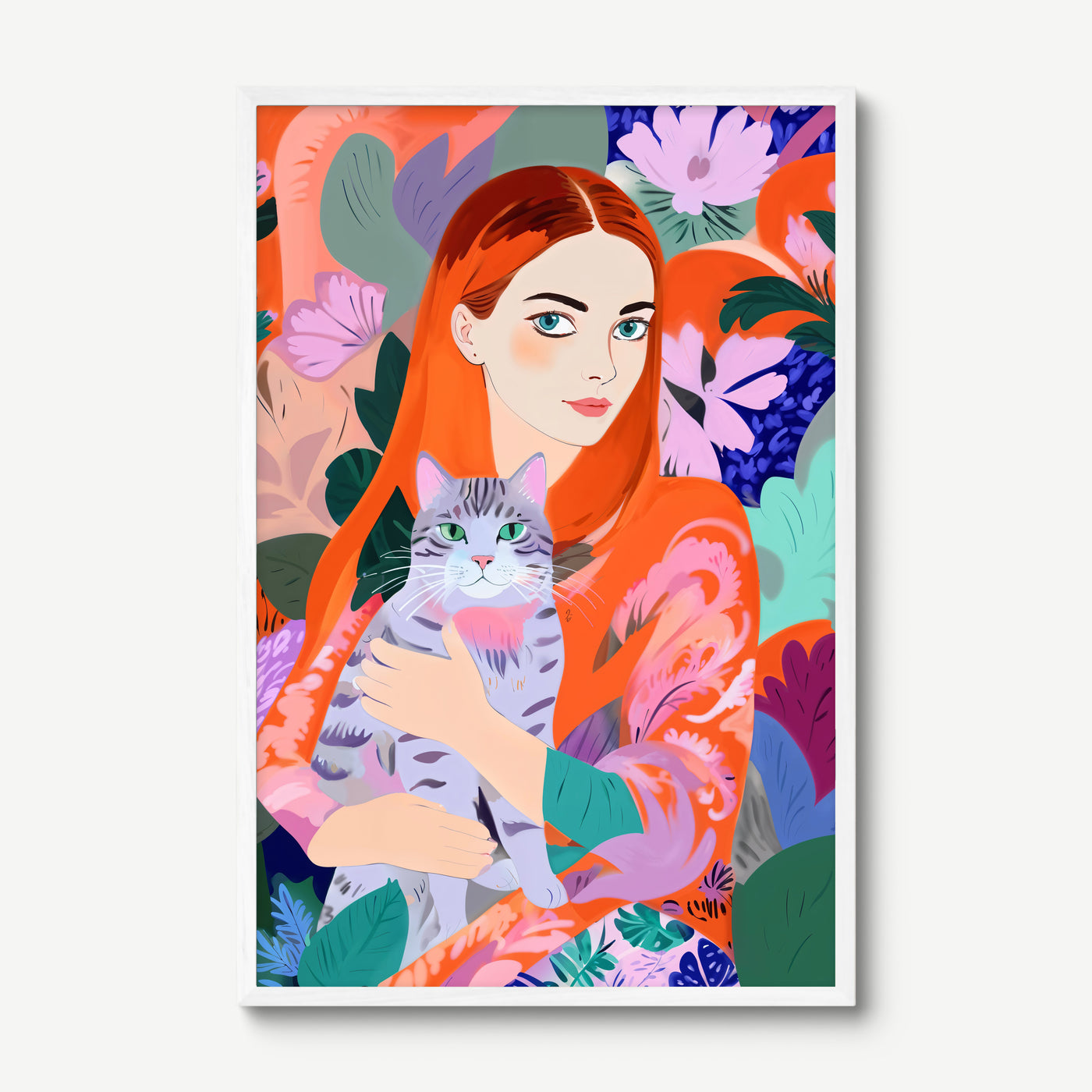Red Hair Cat Garden art print in a white frame