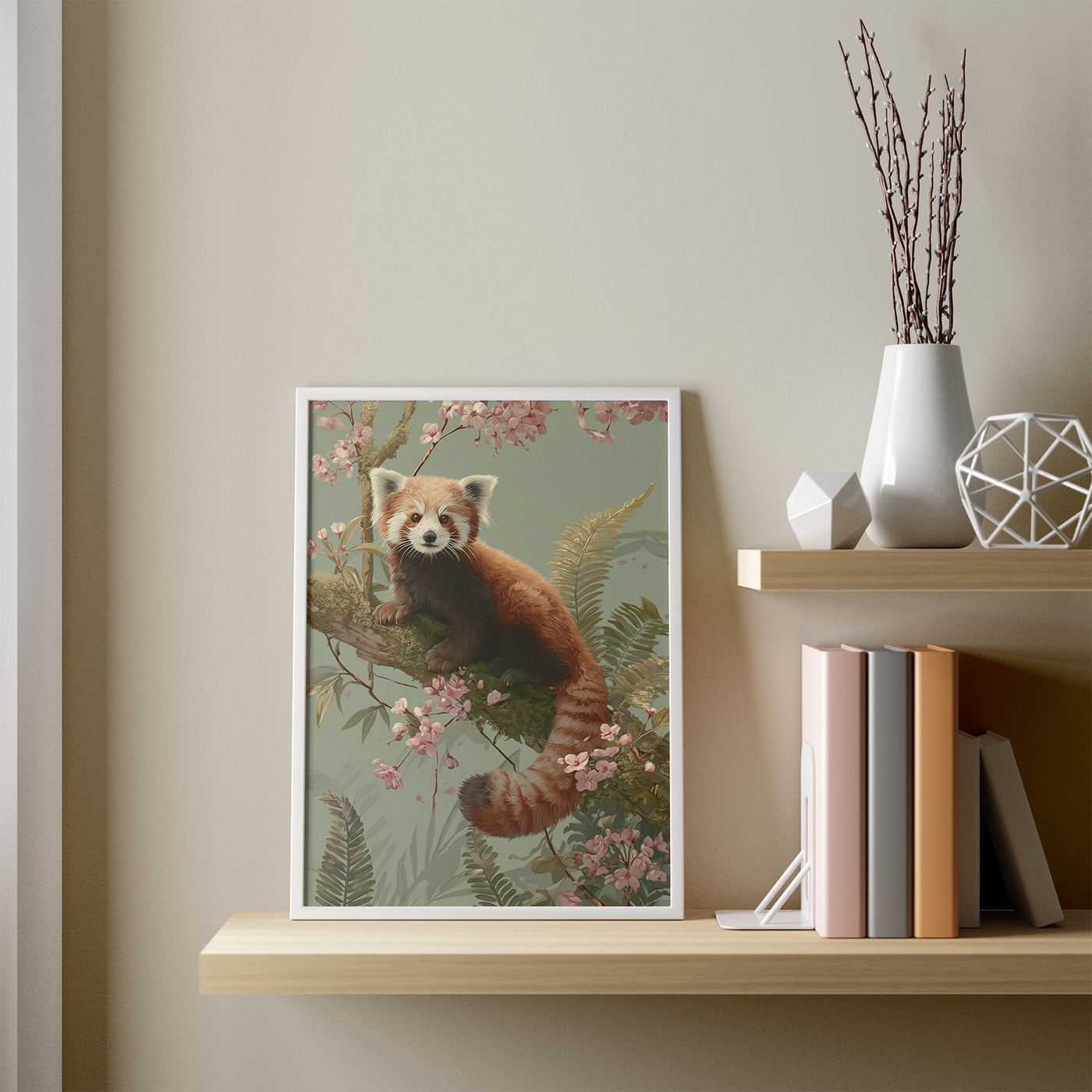 Red Panda in Blossom framed in a room