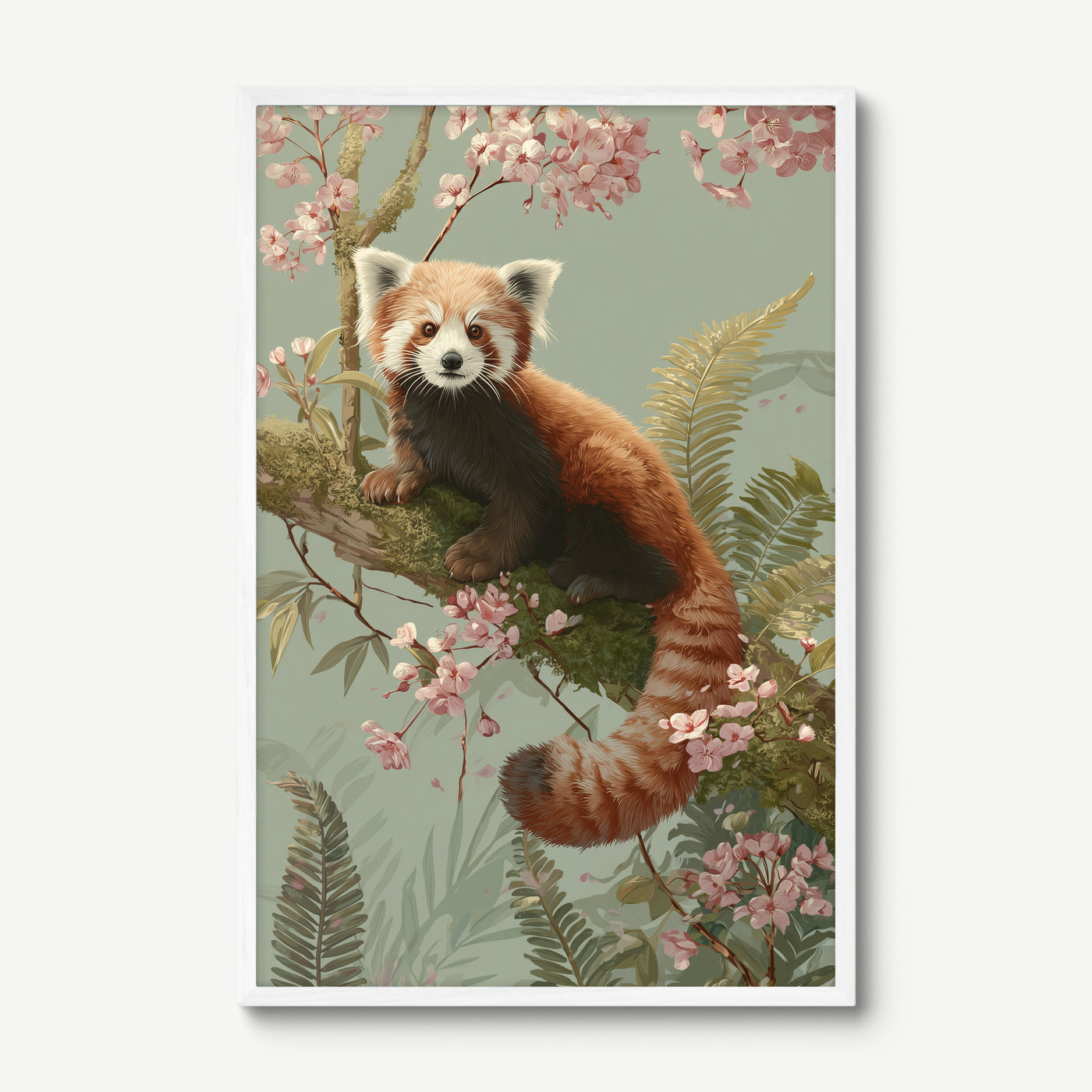 Red Panda in Blossom art print in a white frame