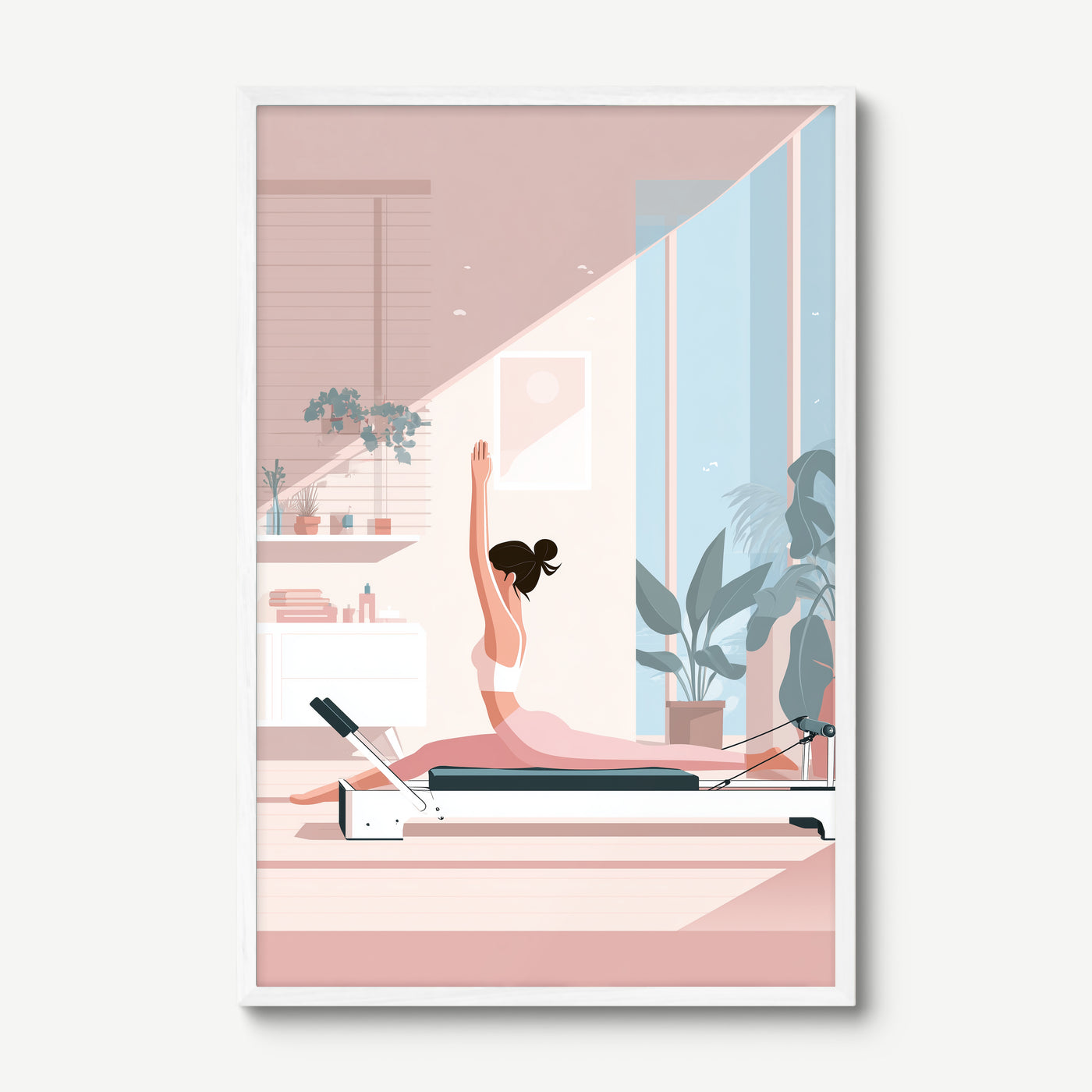 Reformer Reach art print in a white frame