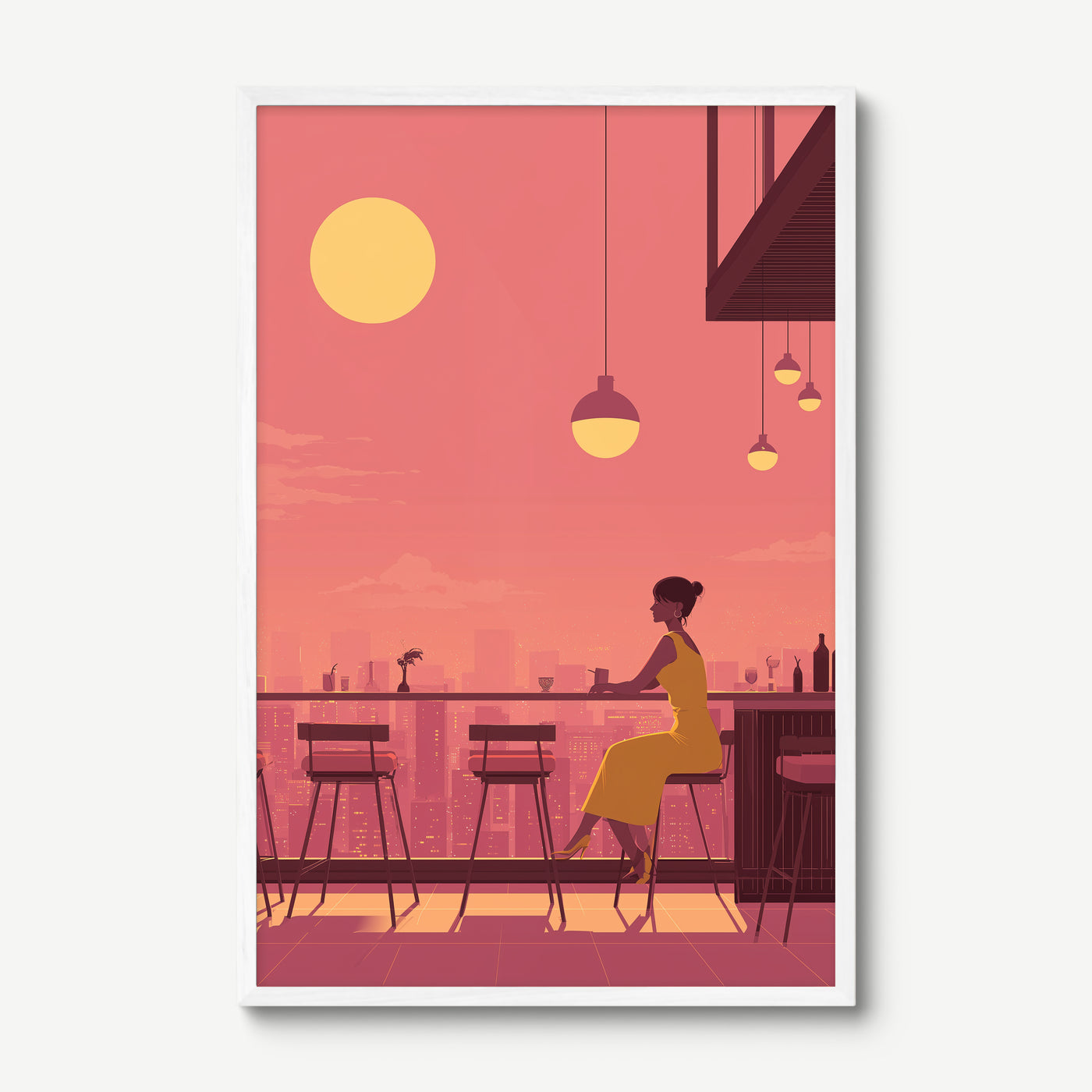 Rooftop Bar at Dusk art print in a white frame