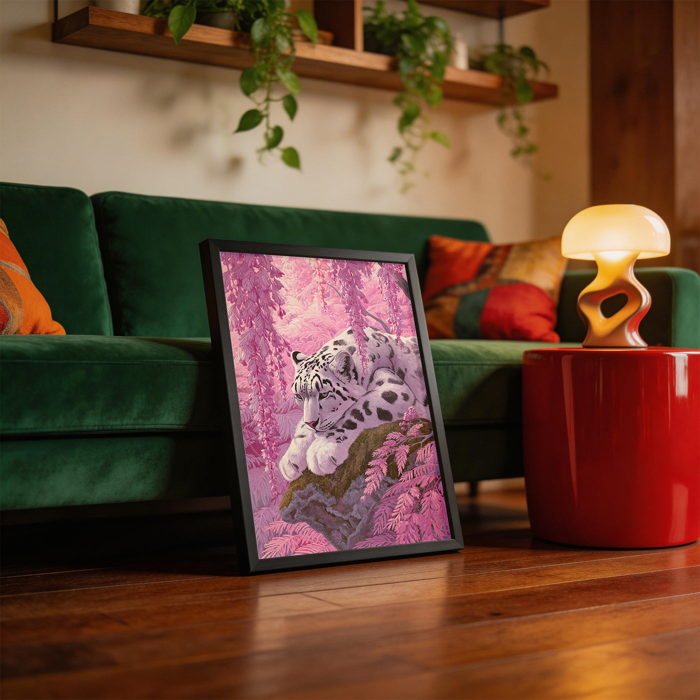 Snow Leopard in Pink framed on a wall