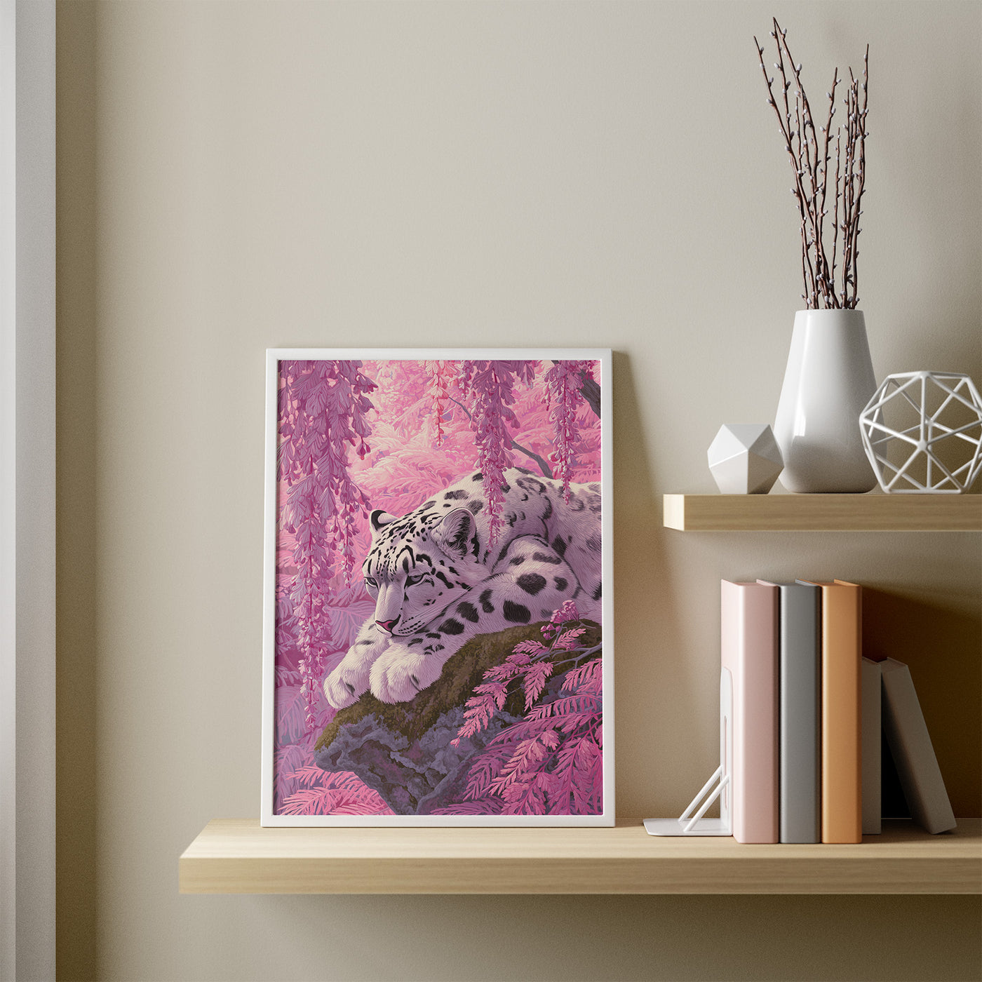 Snow Leopard in Pink framed in a room