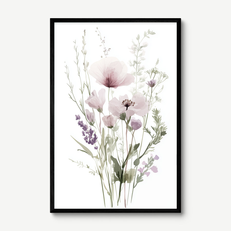 Soft Botanical Meadow art print in a black frame