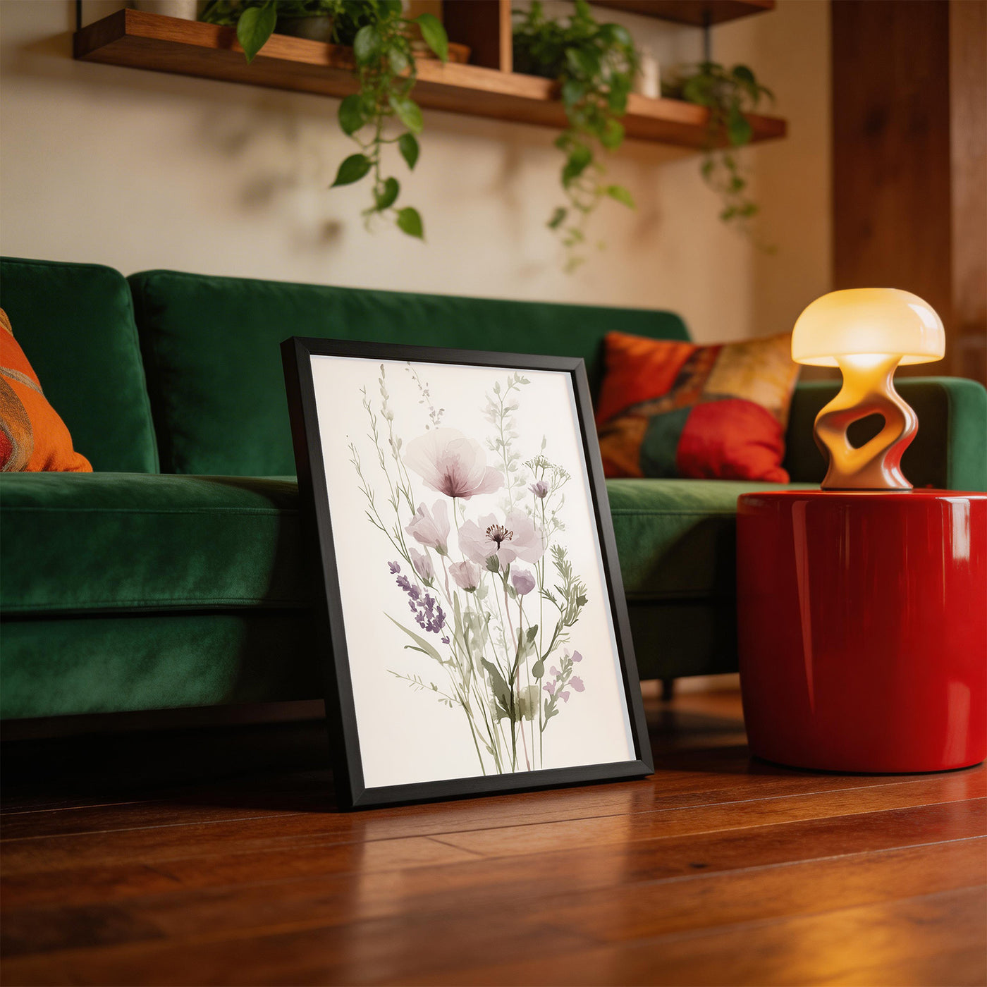 Soft Botanical Meadow framed on a wall