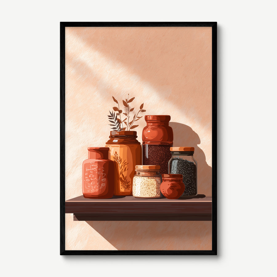 Spice Shelf art print in a black frame