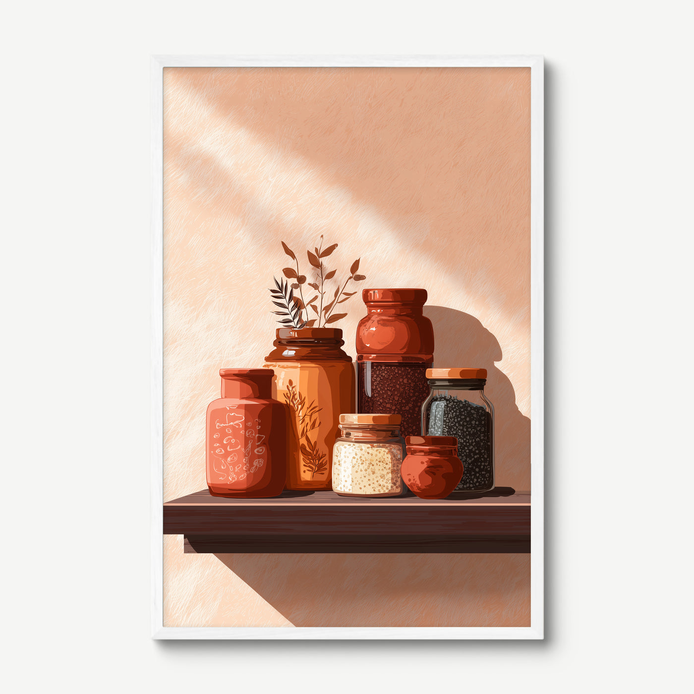 Spice Shelf art print in a white frame