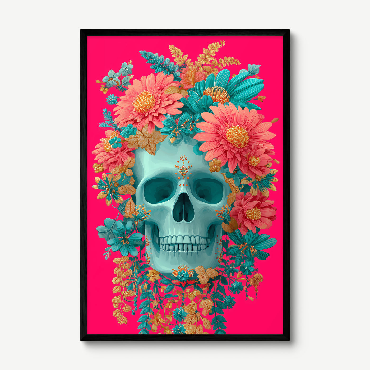 Sugar Skull, Tropical Bloom art print in a black frame