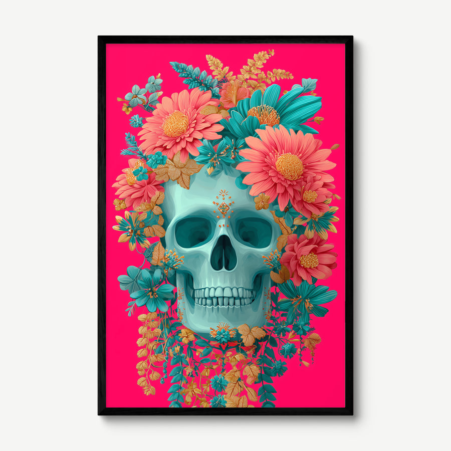 Sugar Skull, Tropical Bloom art print in a black frame