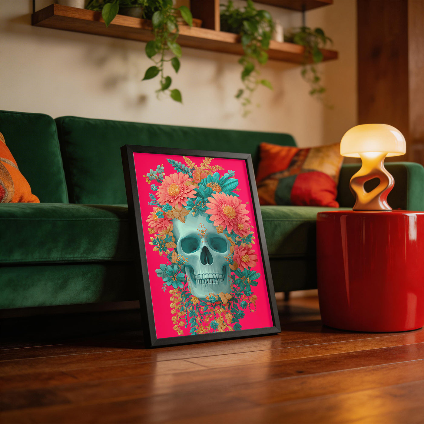 Sugar Skull, Tropical Bloom framed on a wall