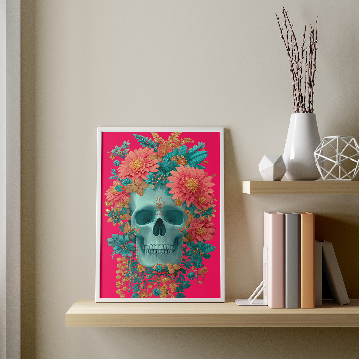 Sugar Skull, Tropical Bloom framed in a room
