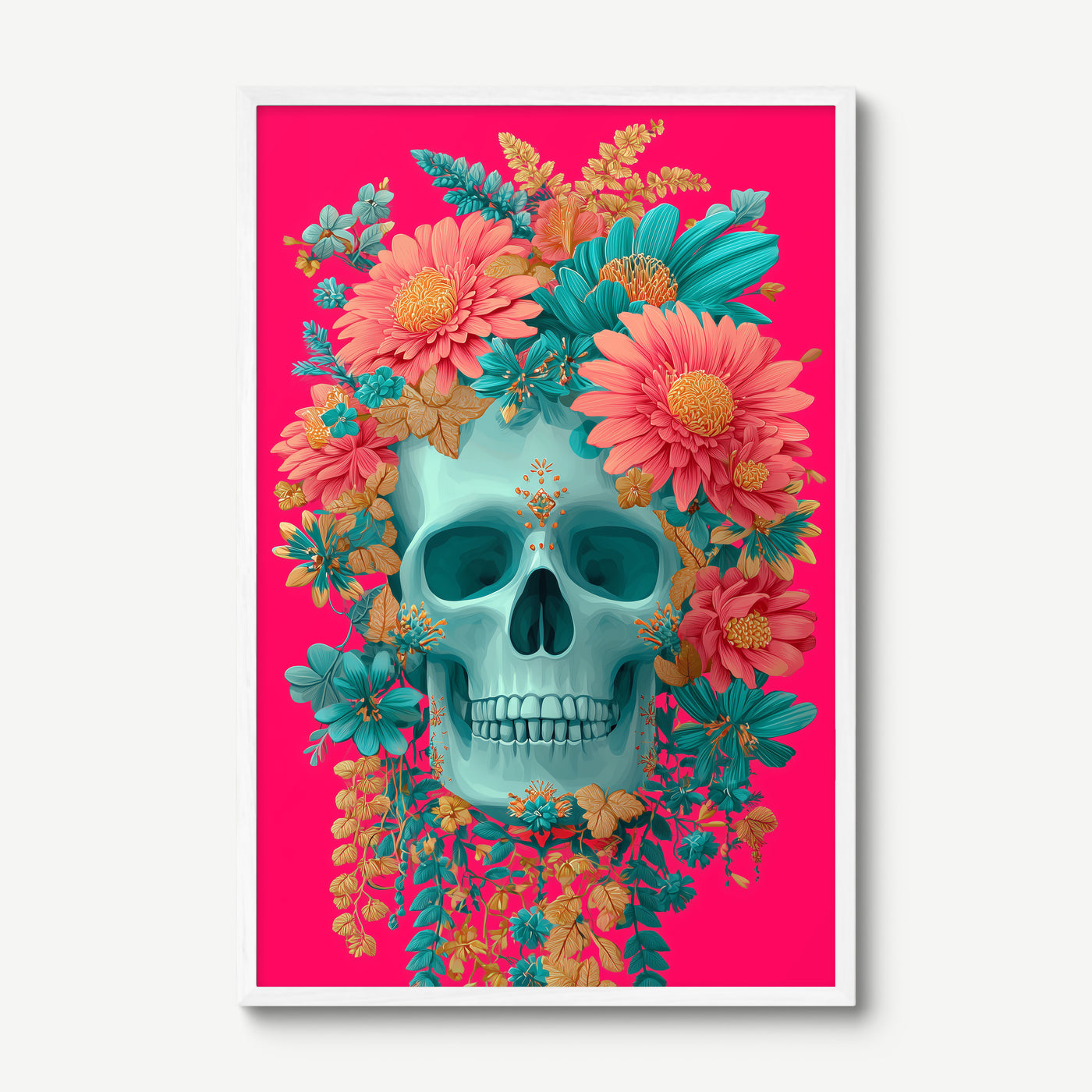 Sugar Skull, Tropical Bloom art print in a white frame
