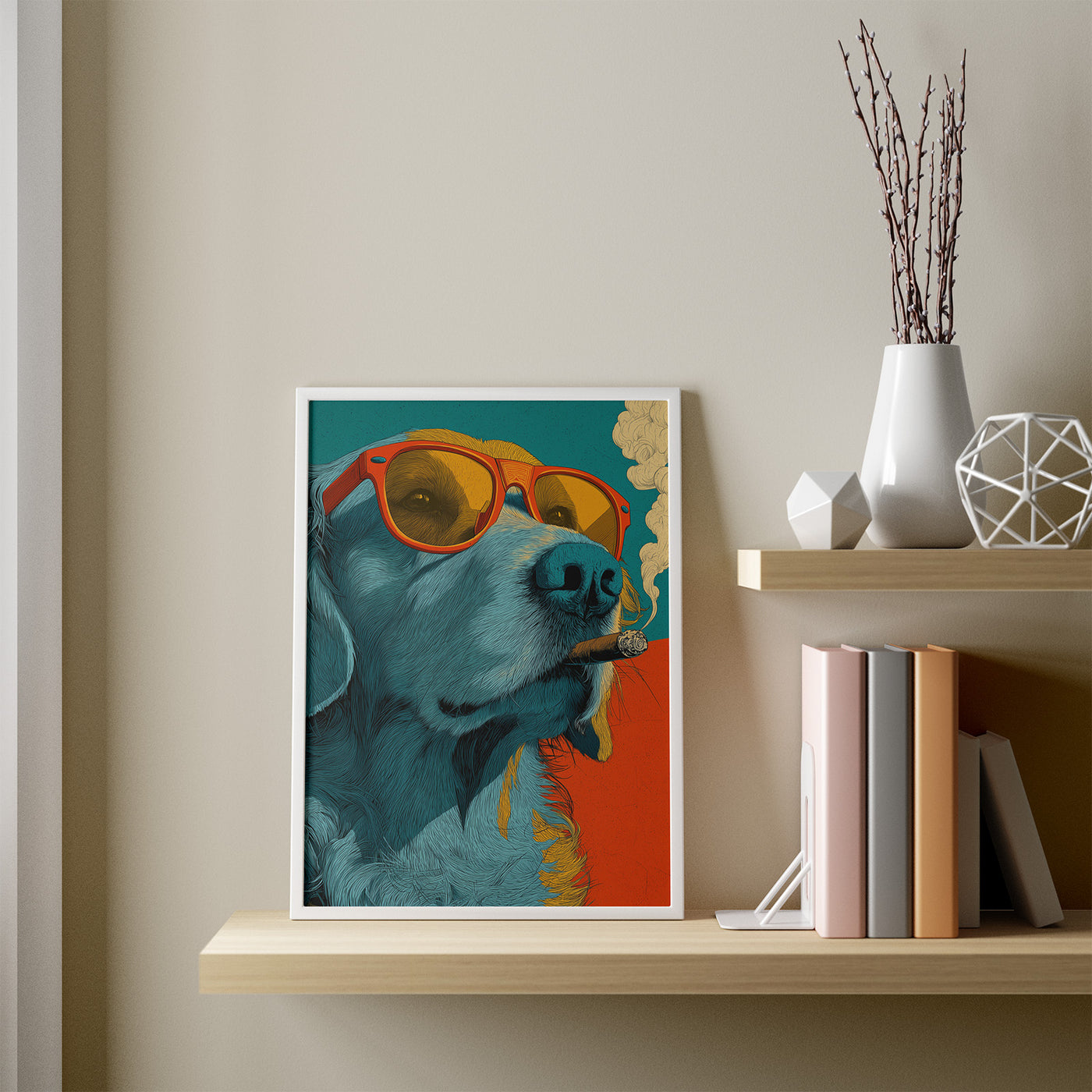 Teal Rebel framed in a room