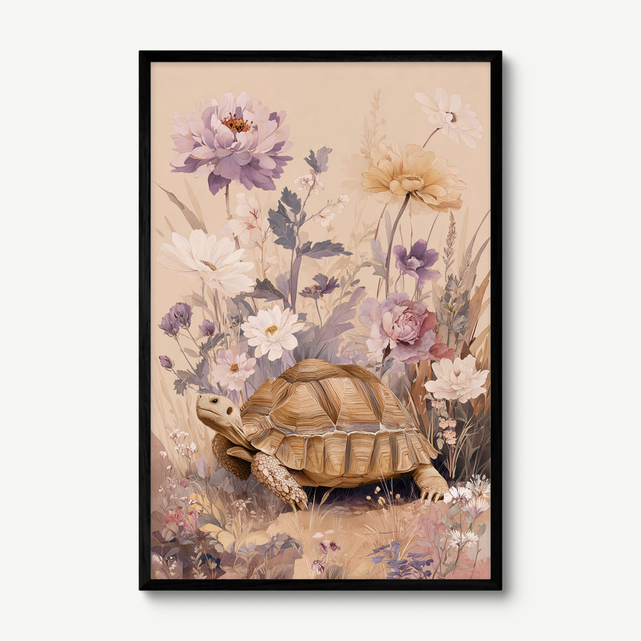 Tortoise in Wildflowers art print in a black frame