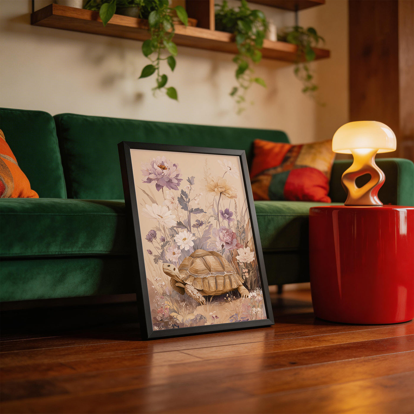 Tortoise in Wildflowers framed on a wall