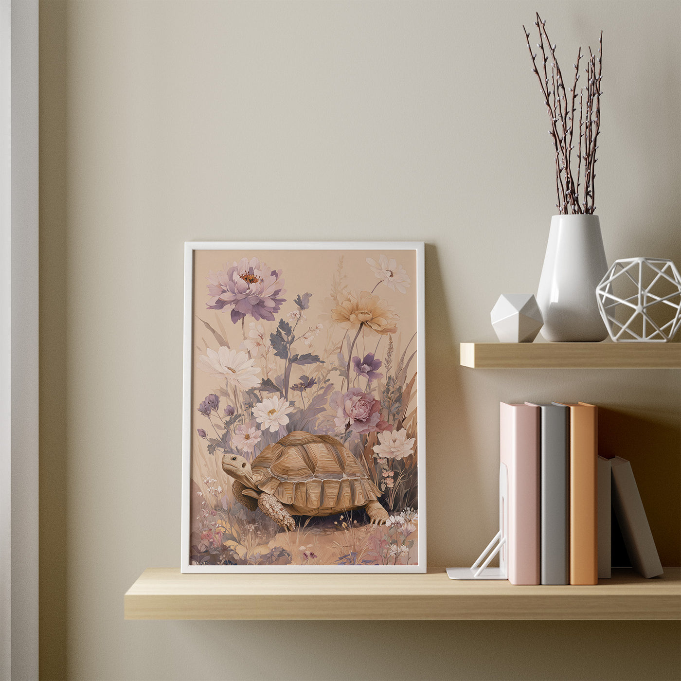Tortoise in Wildflowers framed in a room