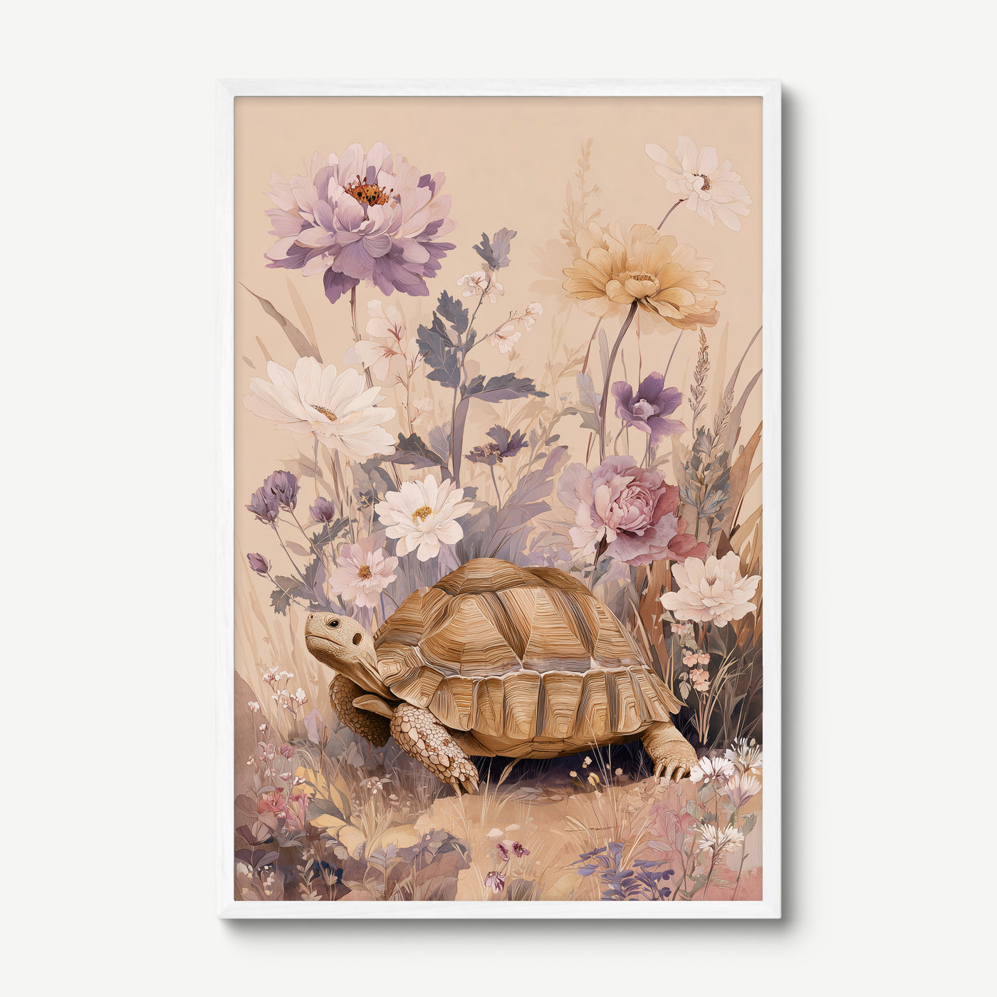Tortoise in Wildflowers art print in a white frame