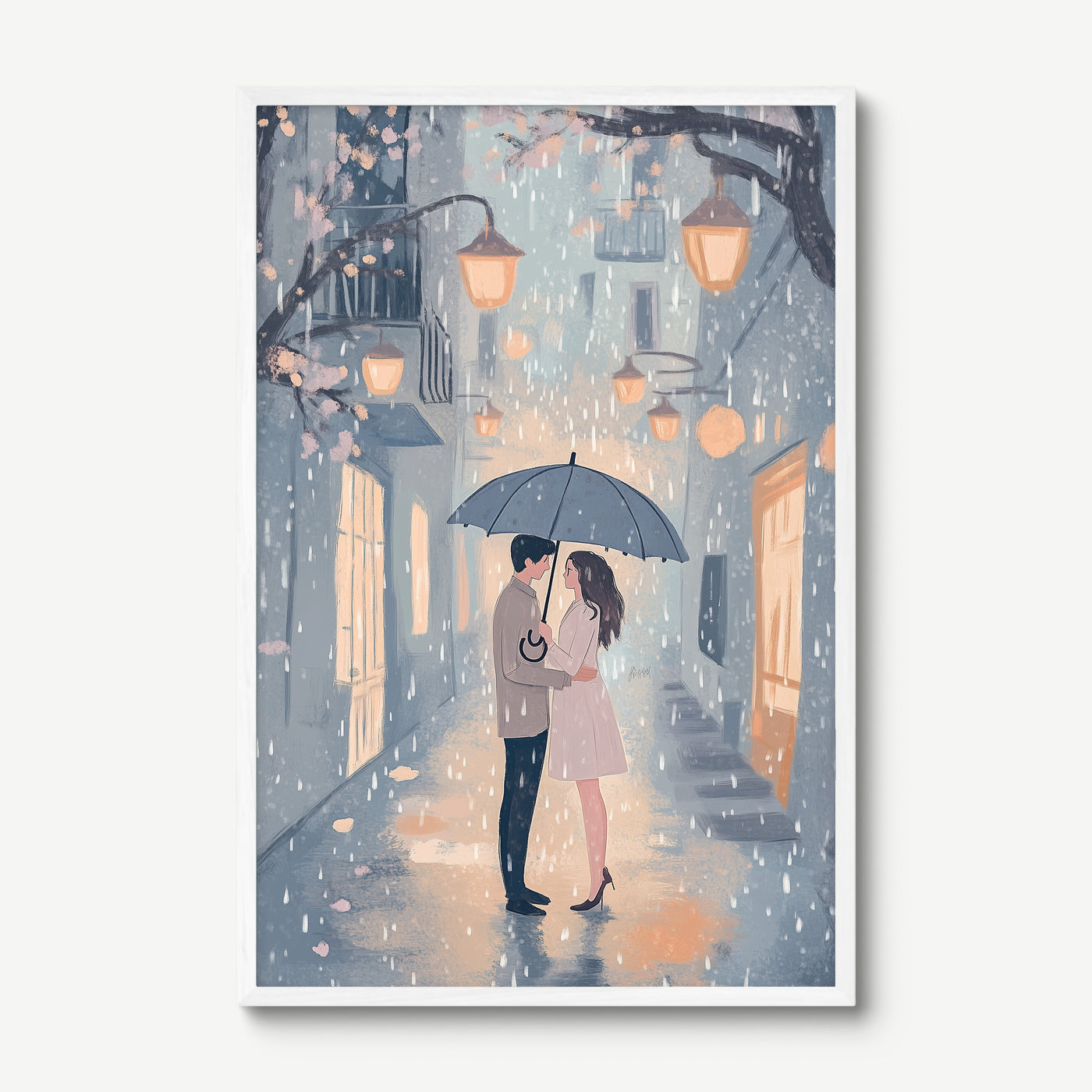 Under Paris Rain art print in a white frame