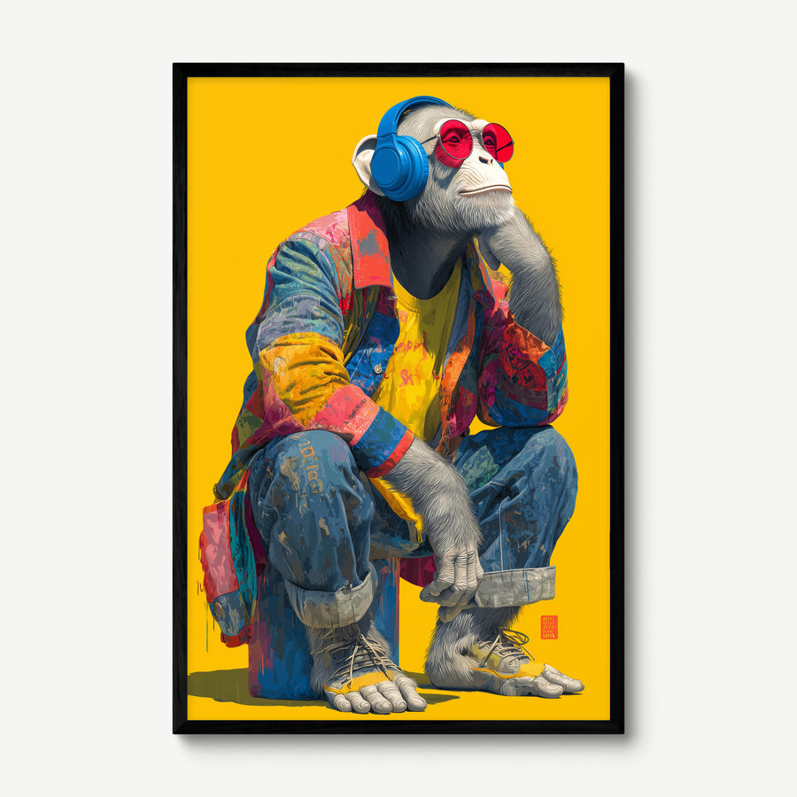 Urban Chimp art print in a black frame