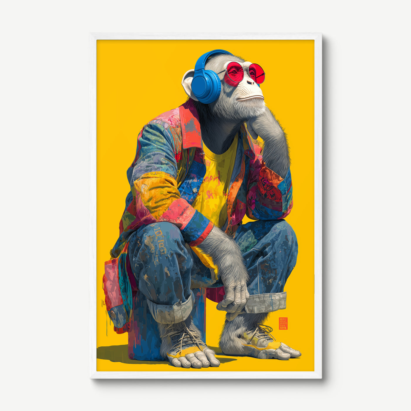 Urban Chimp art print in a white frame