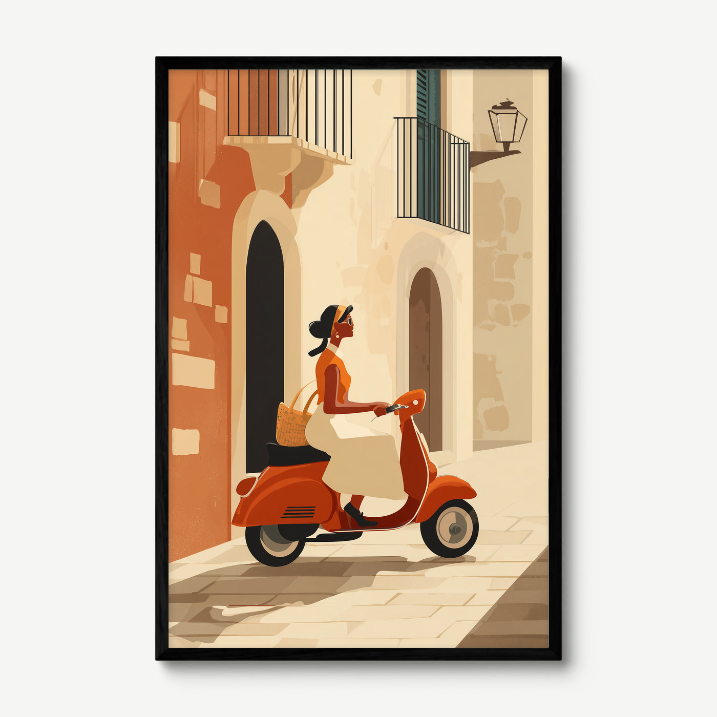 Vespa Through the Alley art print in a black frame
