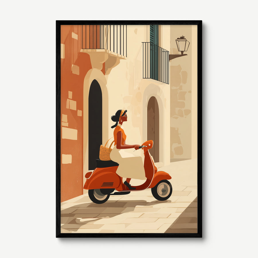 Vespa Through the Alley art print in a black frame