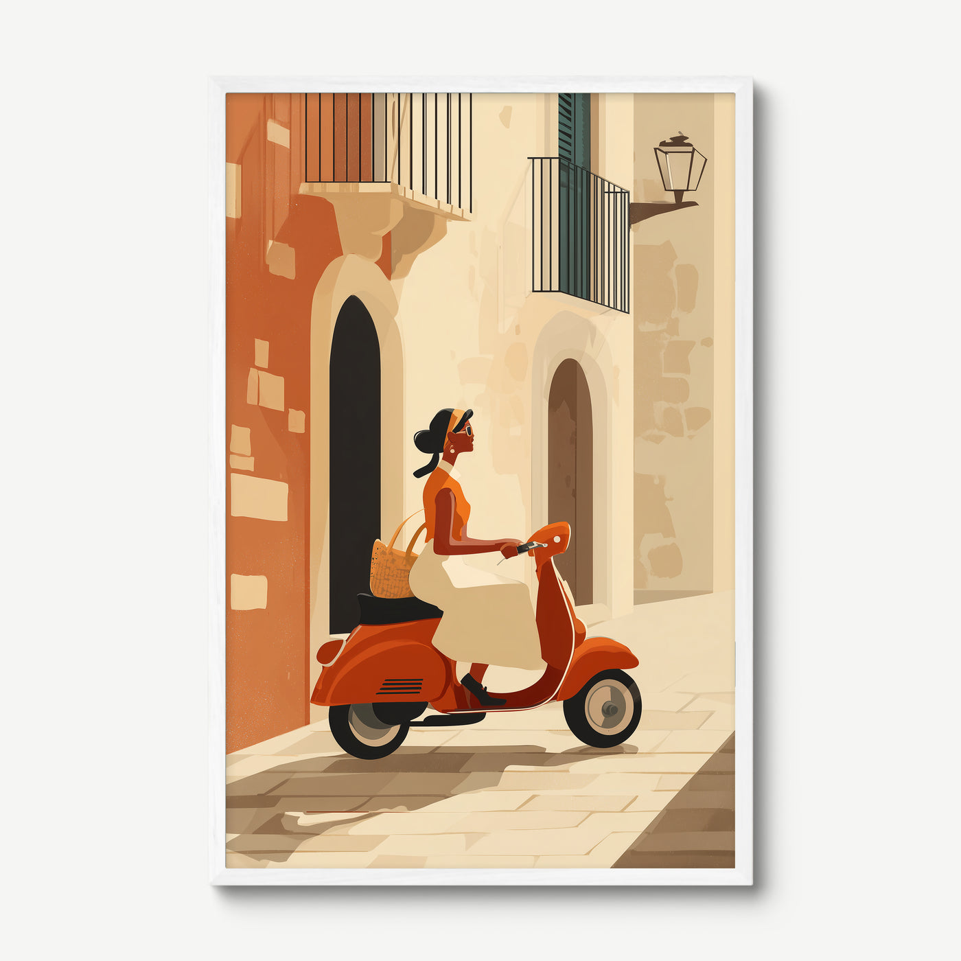 Vespa Through the Alley art print in a white frame