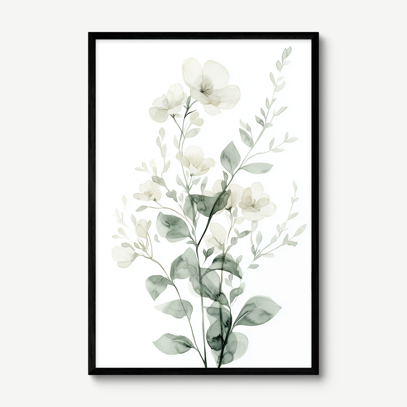 White Botanical Bouquet art print in a black frame